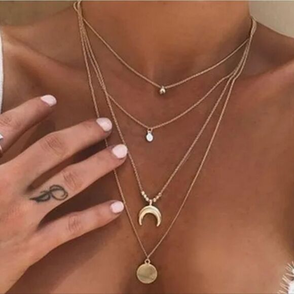 BOHO Crescent Horn Moon Charm Multi Layered Pendant Gold Necklace Choker - Picture 4 of 4